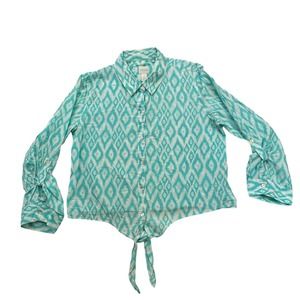 CHICOS Shirt Womens 1 Medium M Blue White Southwestern Button Up Tie